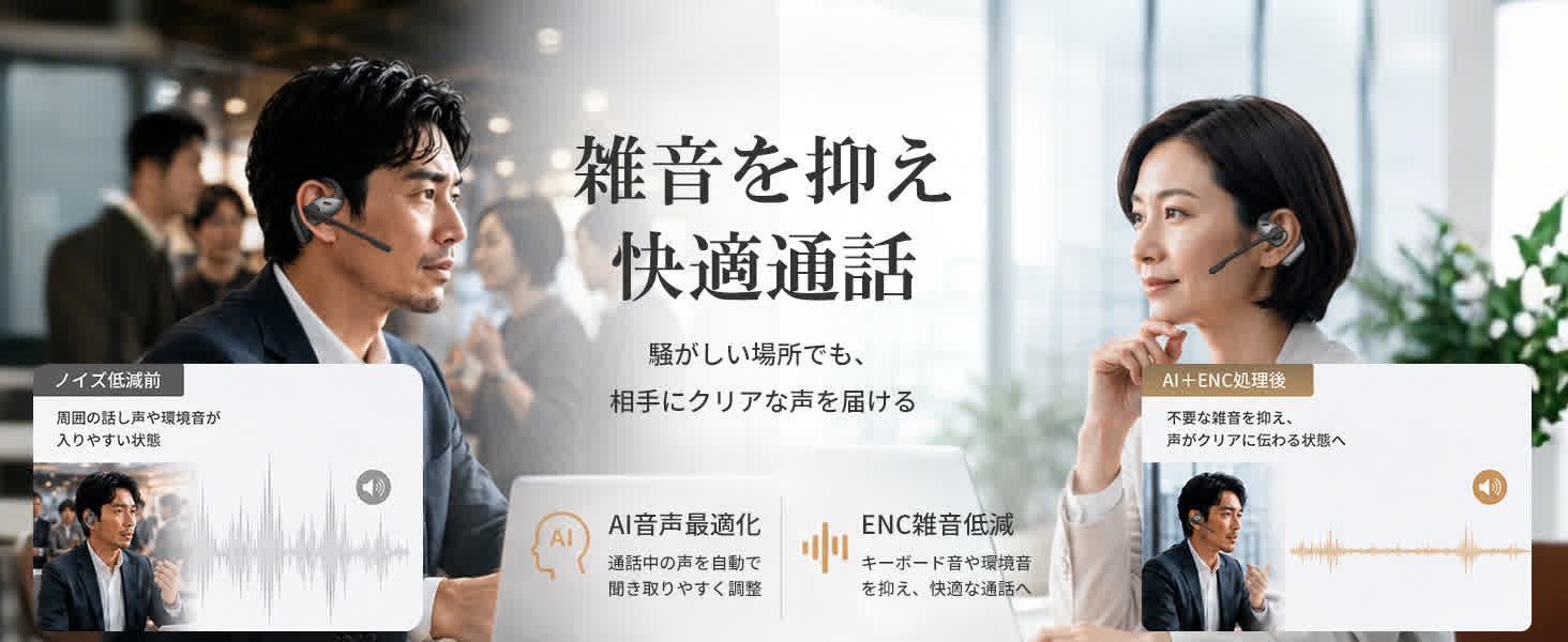AI音声最適化とENCノイズキャンセリングによる劇的な雑音低減効果を比較する、オフィス環境のビジネス男女
