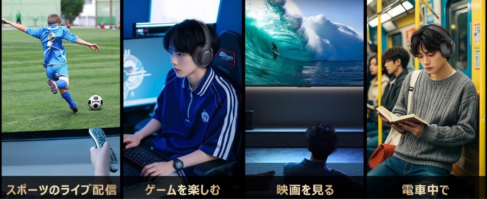 ご利用シーン:ゲーム、ライブ配信、映画、電車内等